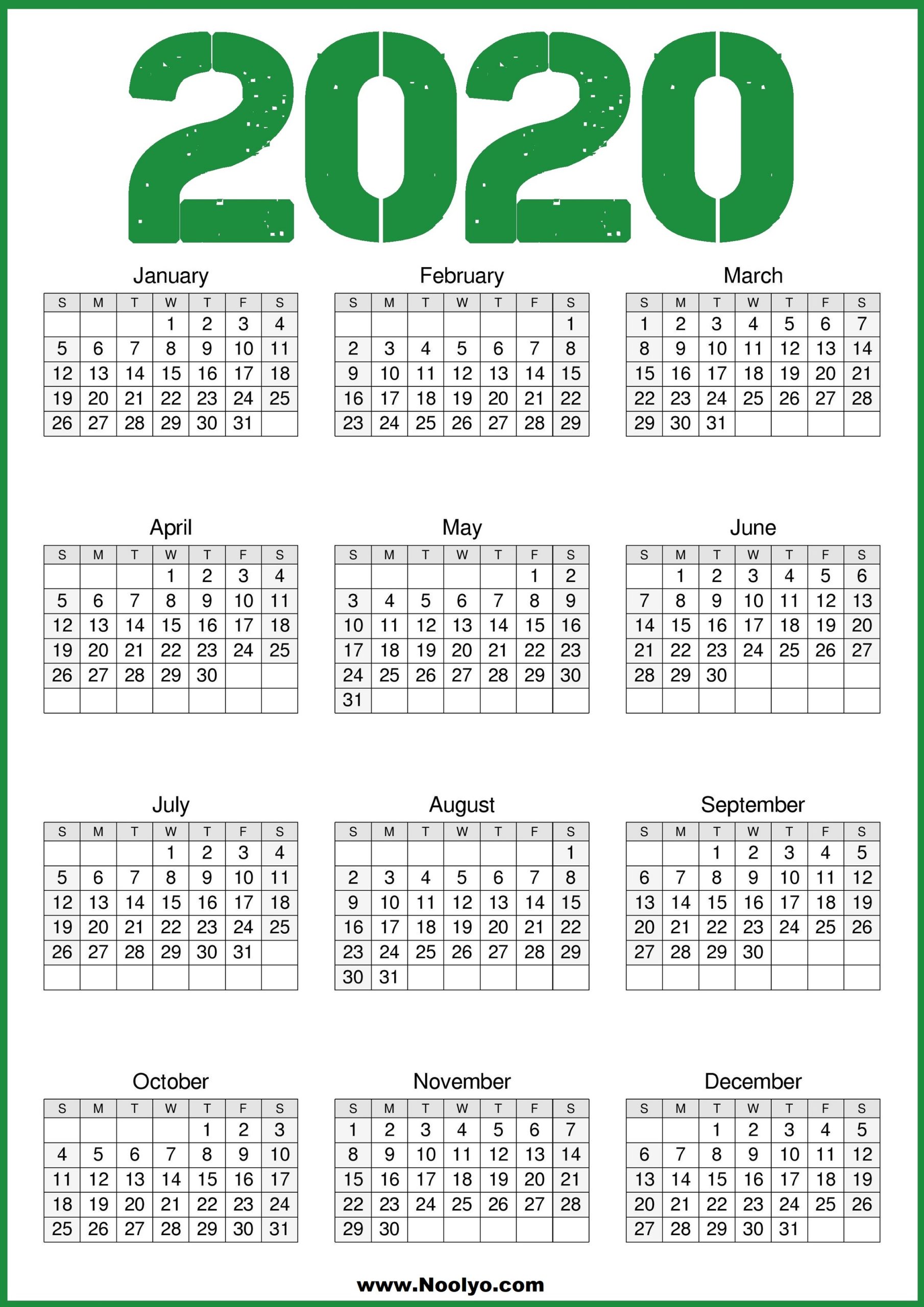 2020 Calendar One Page Free Download