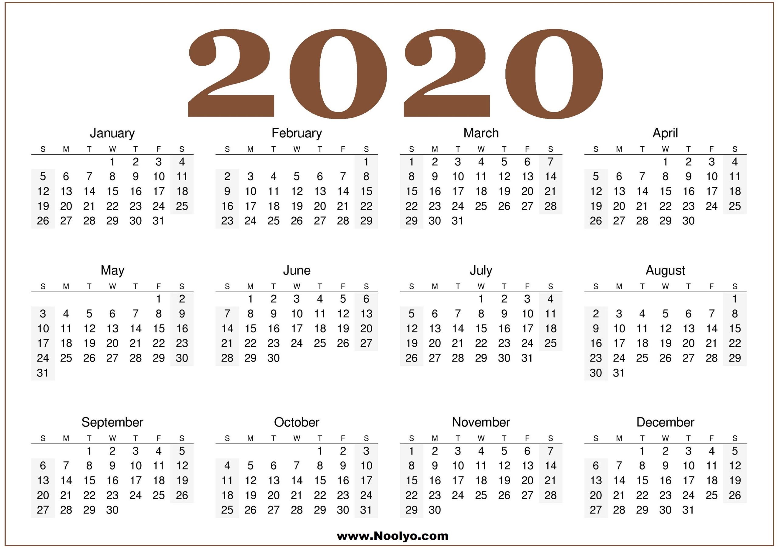 2020 Calendar Printable Free Download One Page