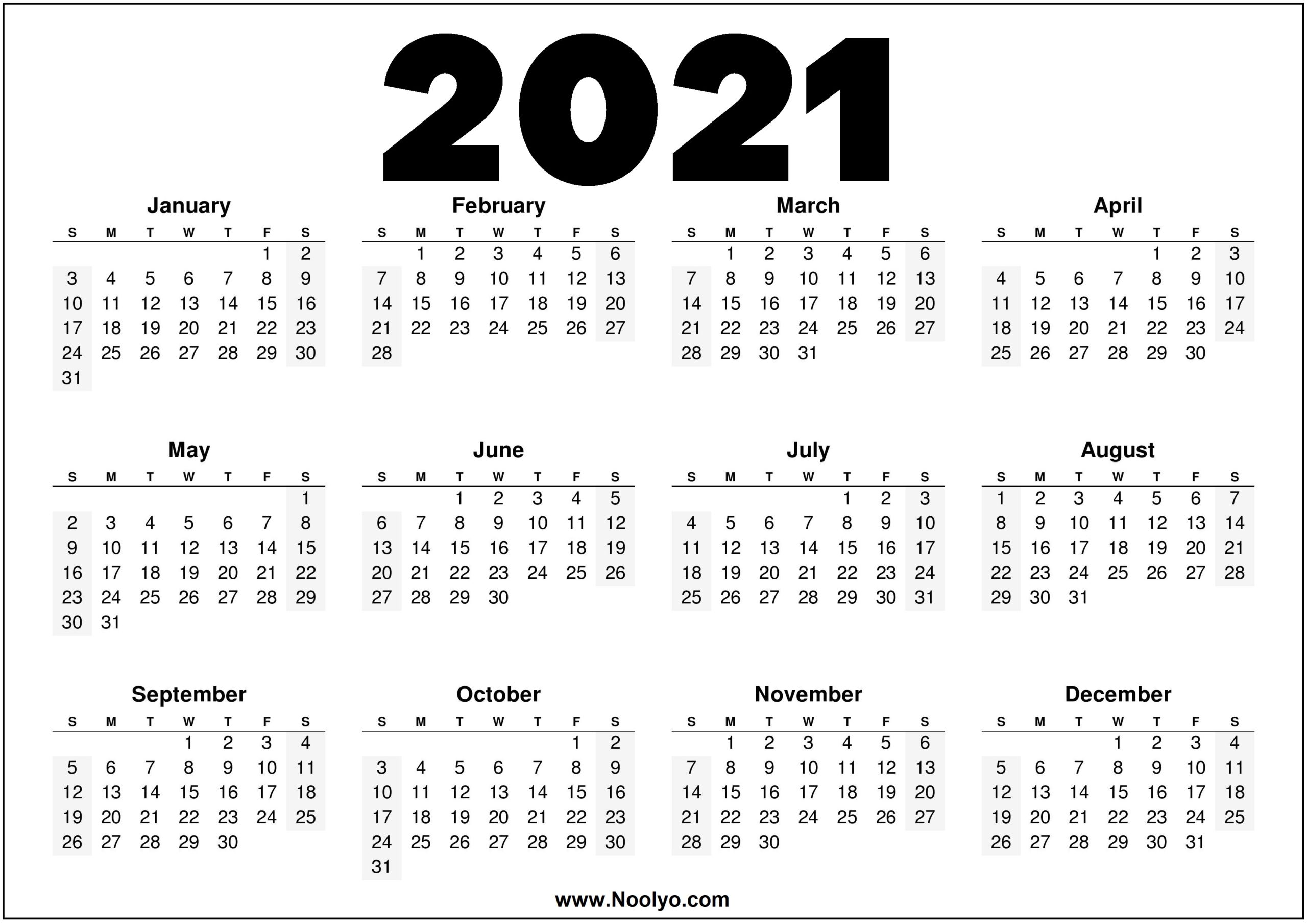 2021 Year Printable Calendar Red, Black and White