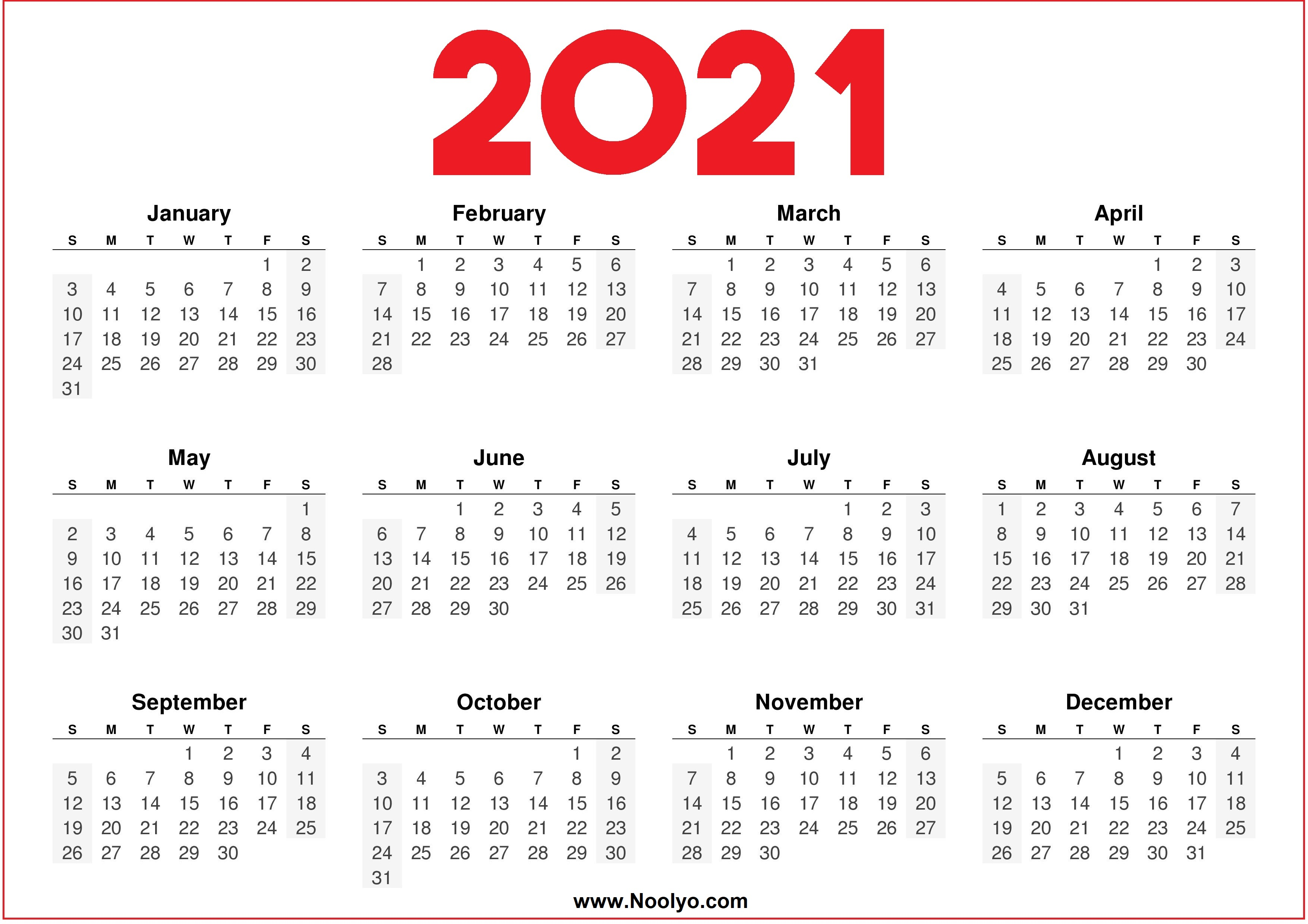 2021 Printable downloadable Calendar Red and White