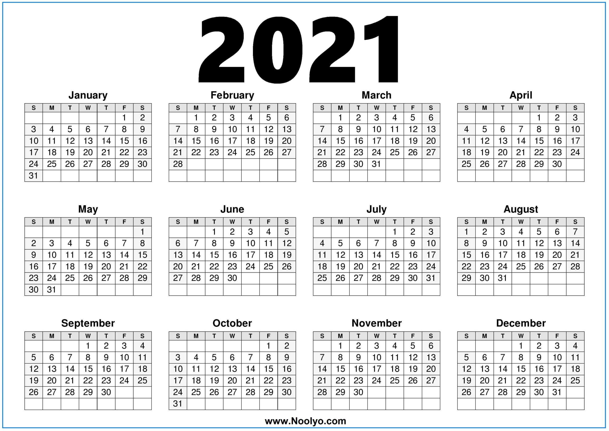 2021 Calendar Printable Free One page