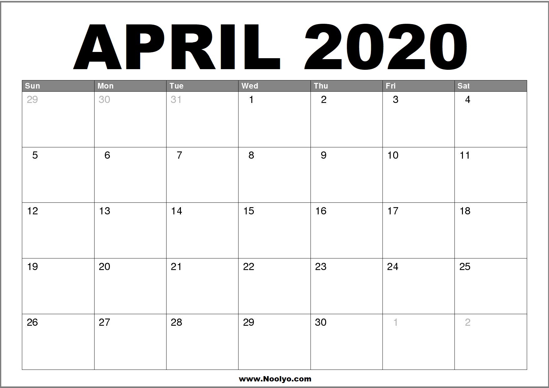 April 2020 Calendar Printable - Free Download