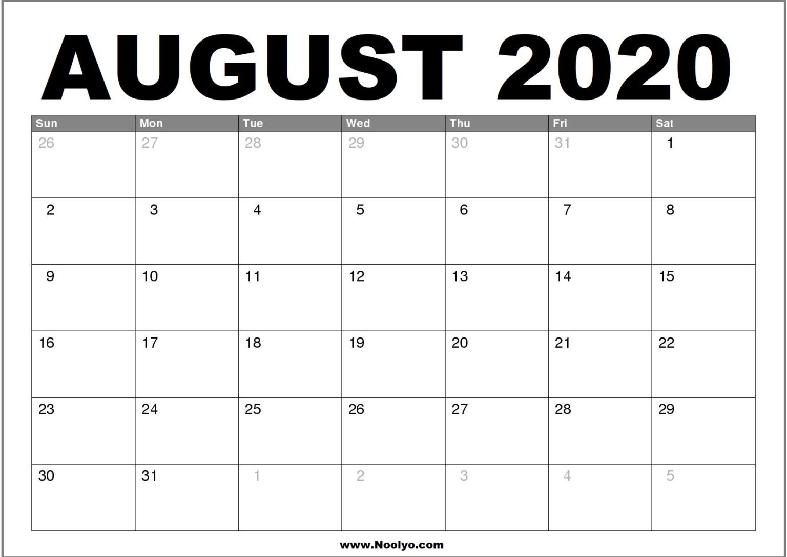 August 2020 Calendar Printable – Free Download - Noolyo.com