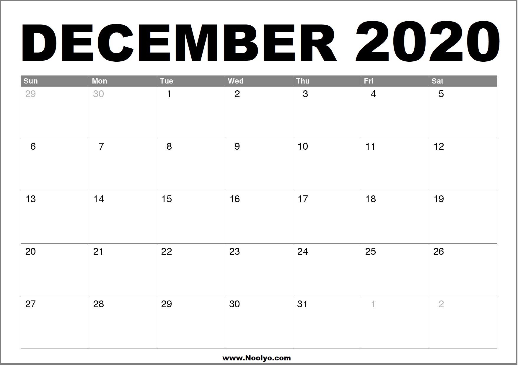 December 2020 Calendar Printable – Free Download
