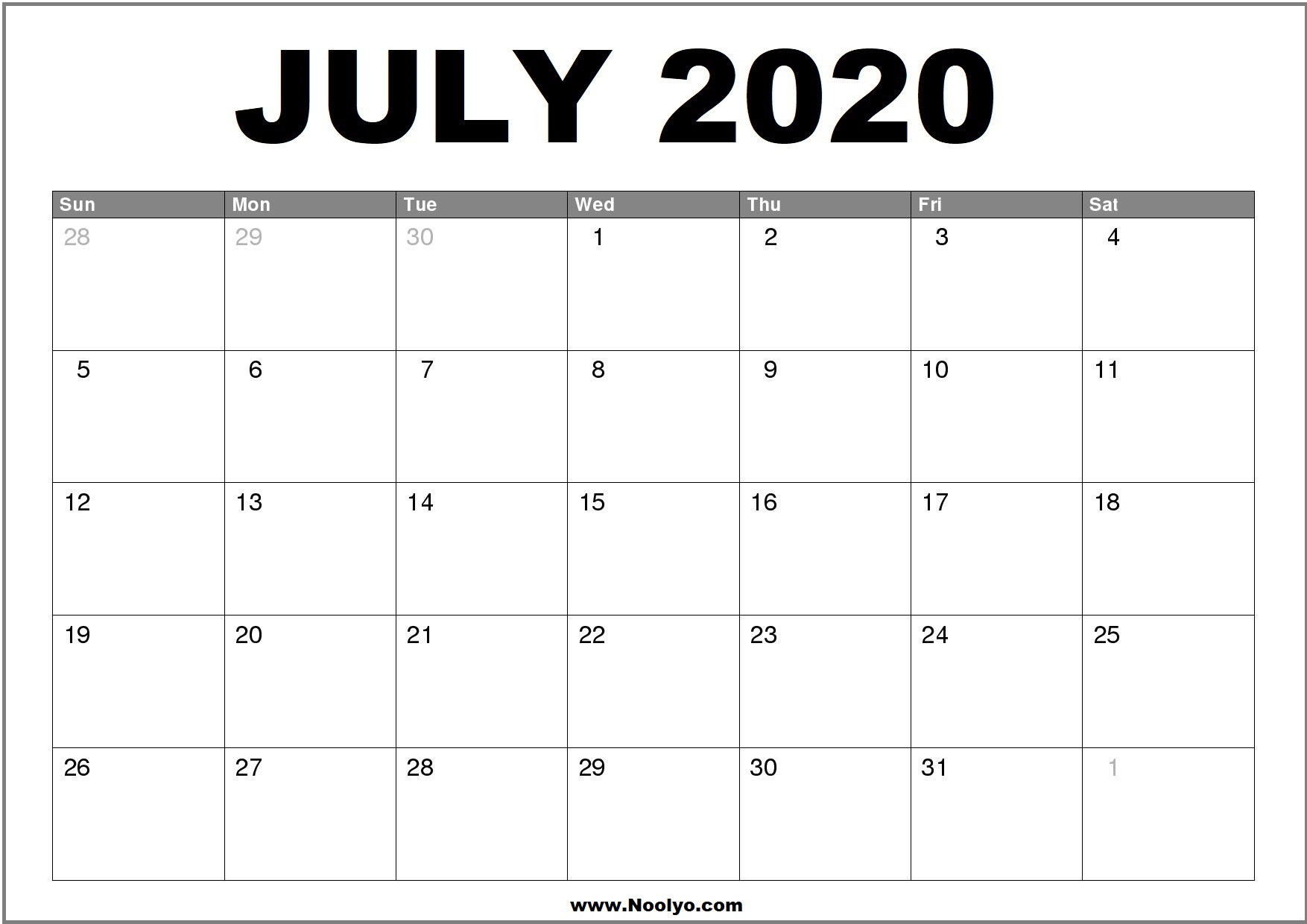 July 2020 Calendar Printable – Free Download