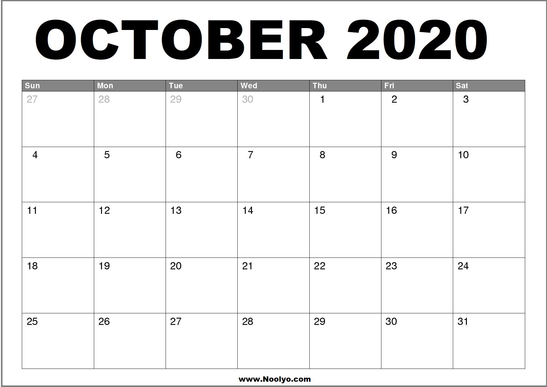 October 2020 Calendar Printable – Free Download