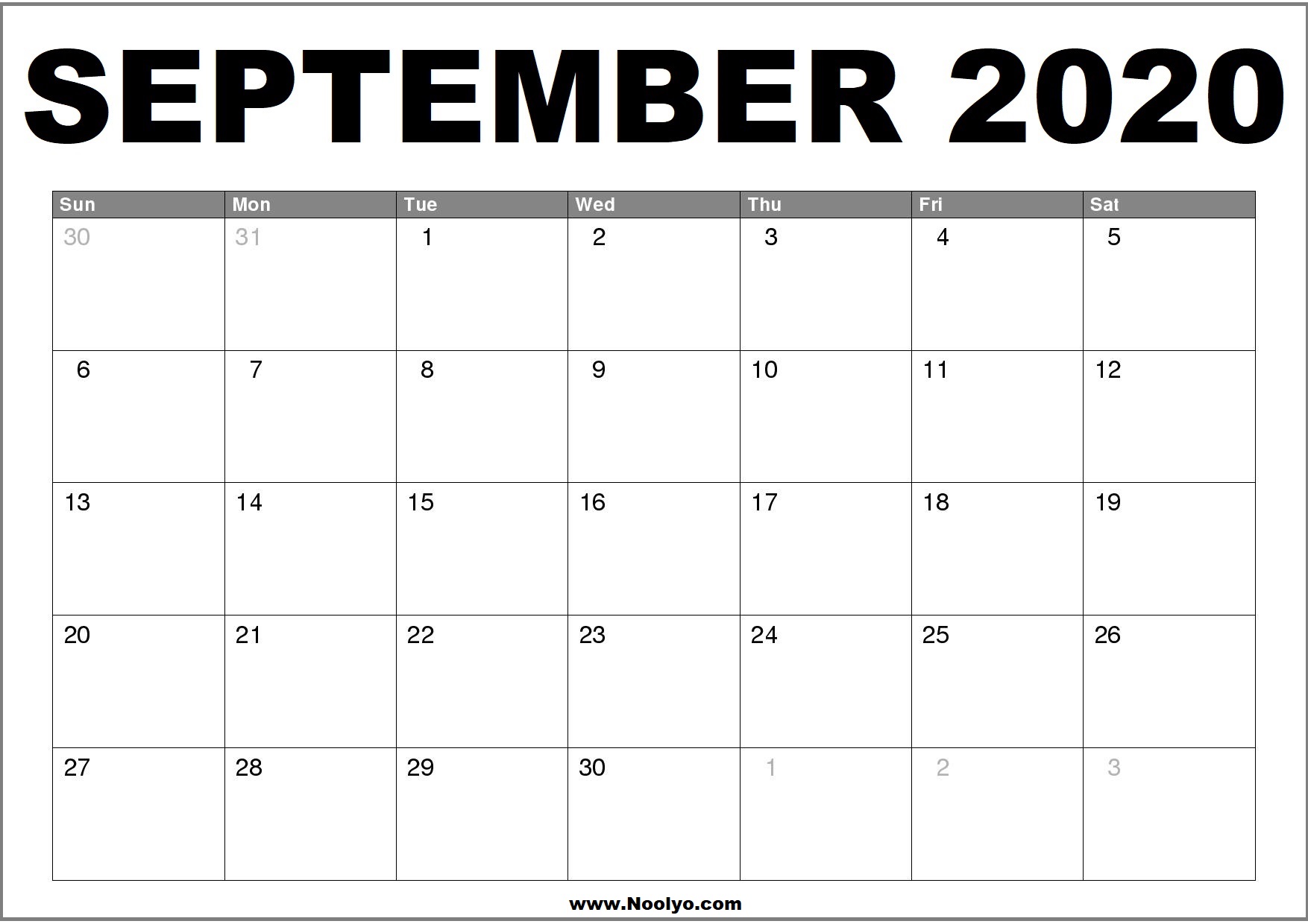 September 2020 Calendar Printable – Free Download