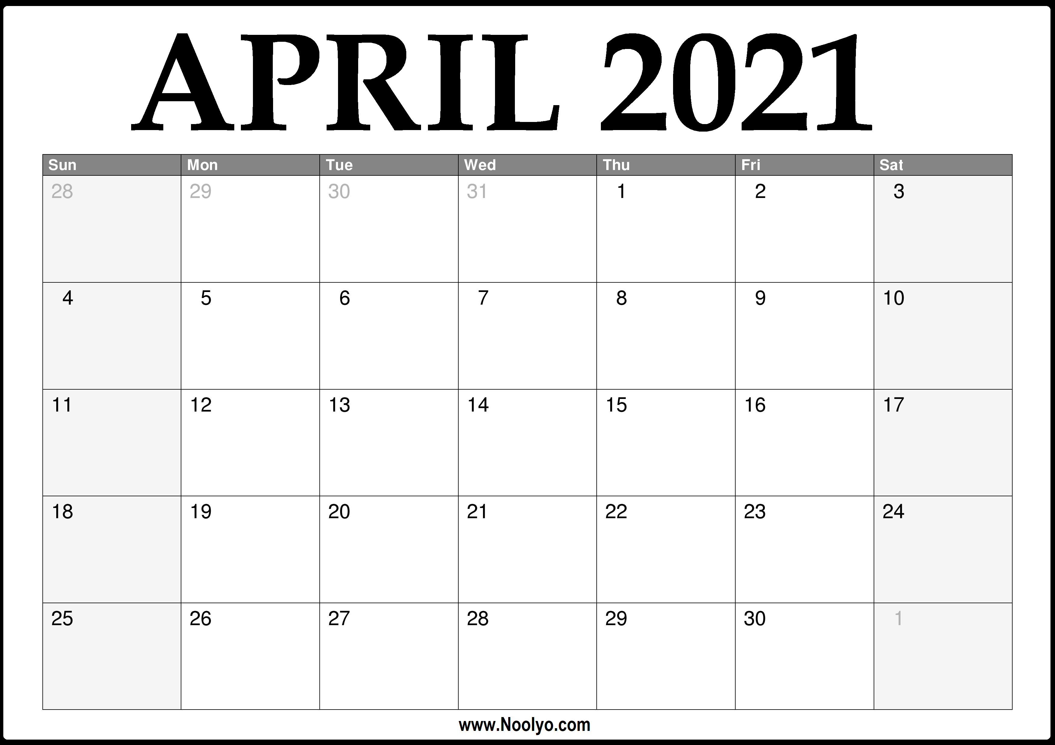 2021 April Calendar Printable Download Free
