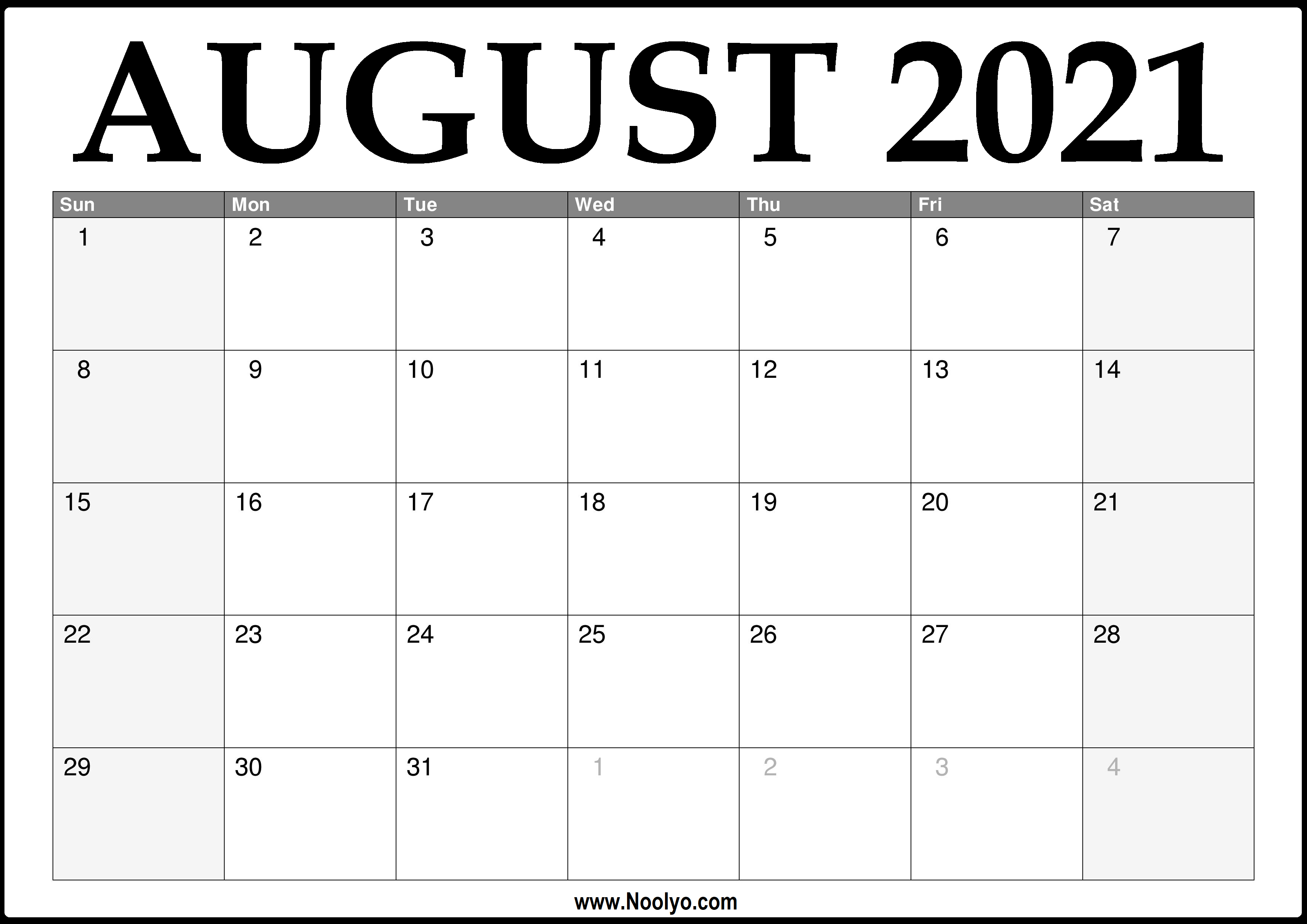 2021 August Calendar Printable – Download Free
