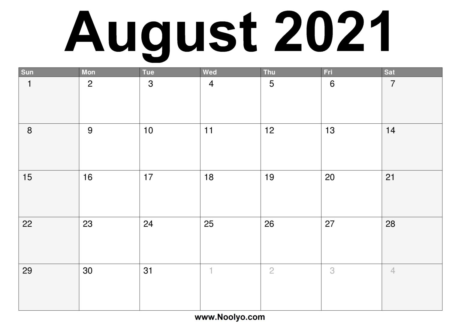 August 2021 Calendar - Noolyo.com