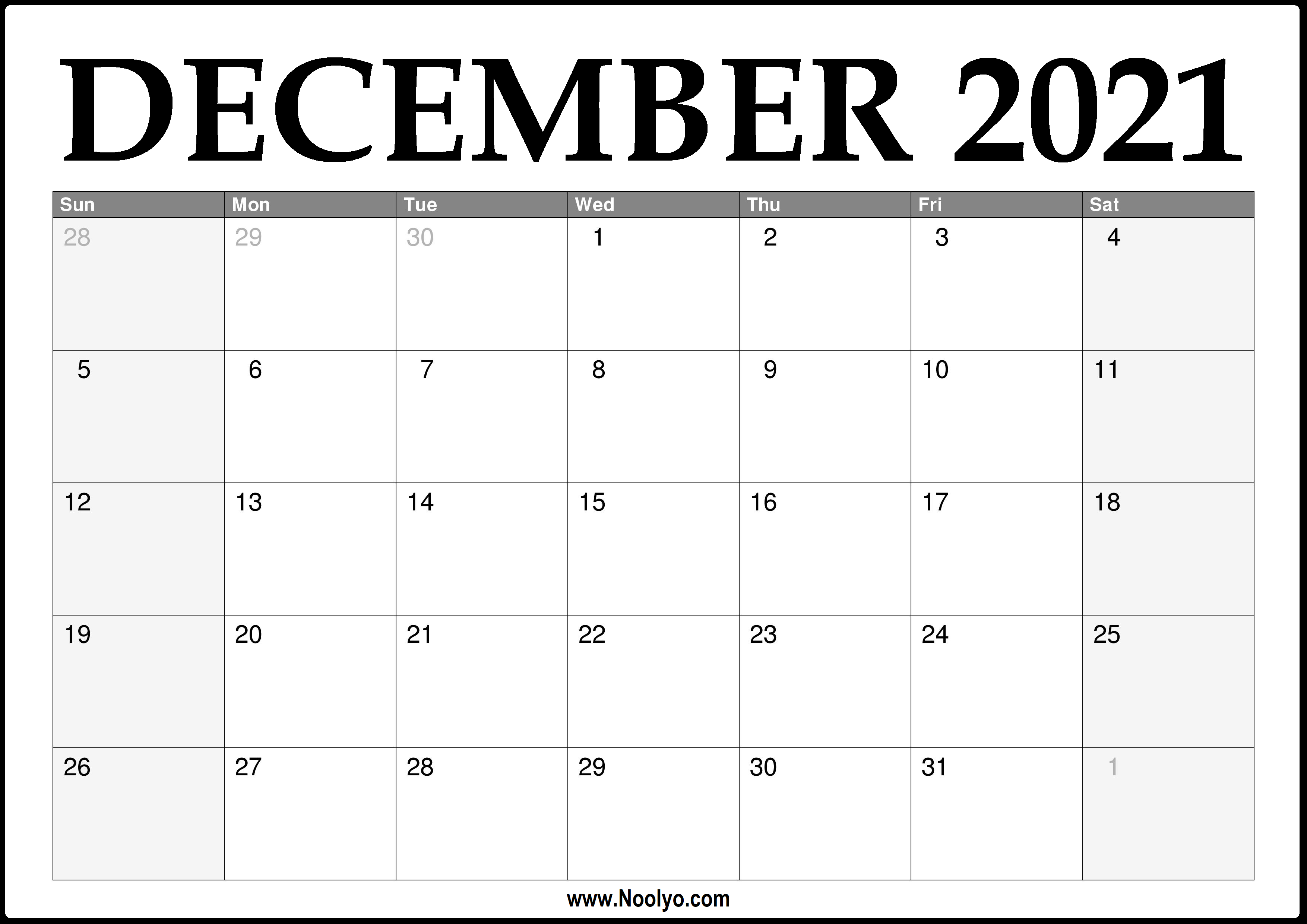 2021 December Calendar Printable – Download Free