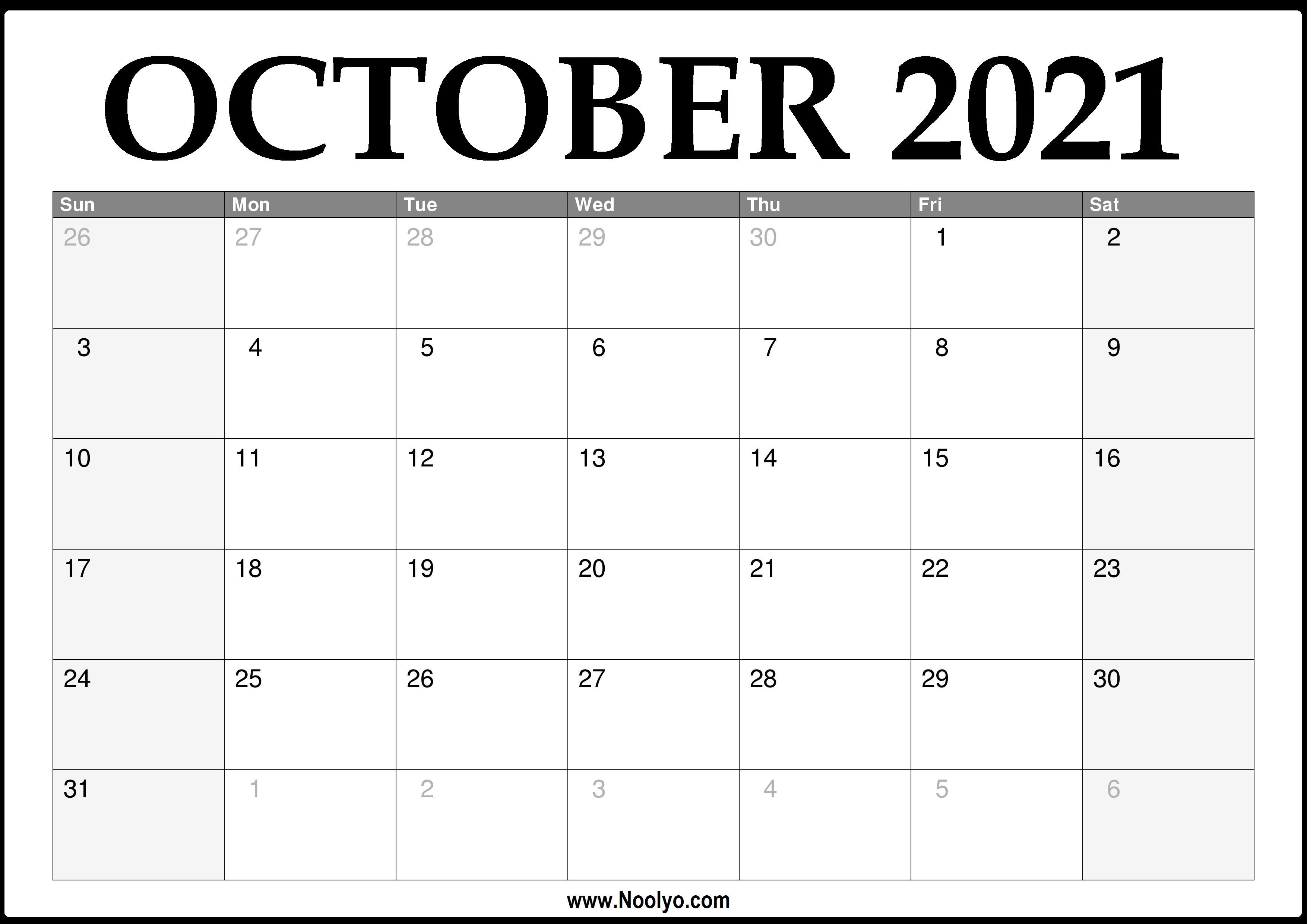 3 Month Calendar 2021 October November December
