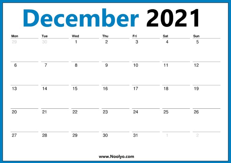 December 2021 Calendar Printable Monday Start