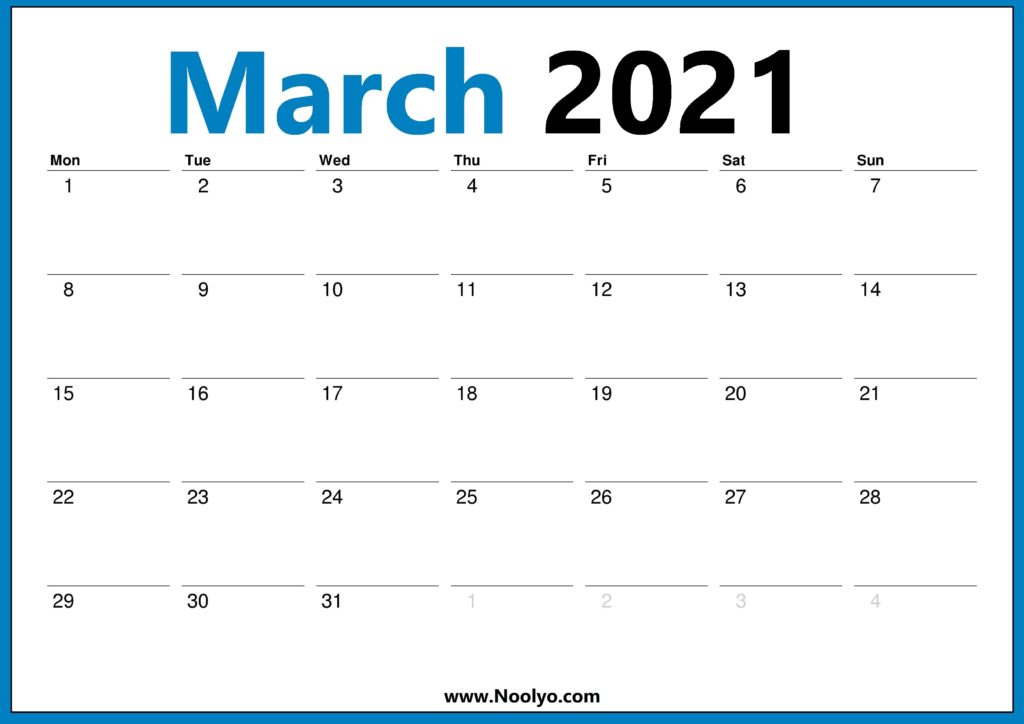 March 2021 Calendar Monday Start One Page - Noolyo.com