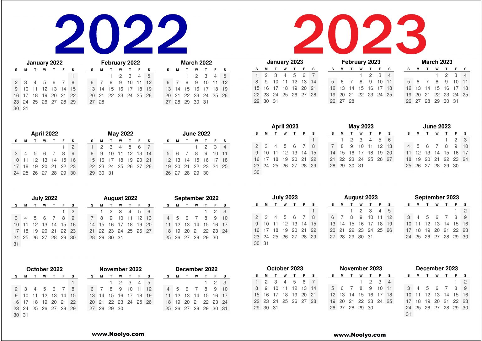 2022 and 2023 Calendar Printable Free