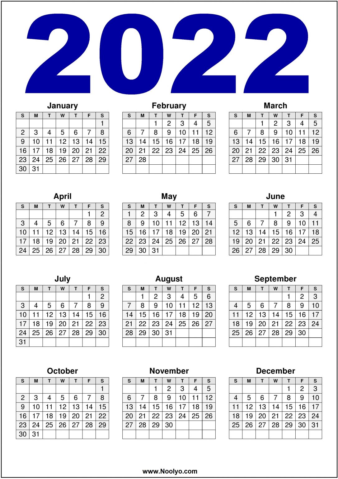 2022 Calendar US Printable – Download Free - Noolyo.com