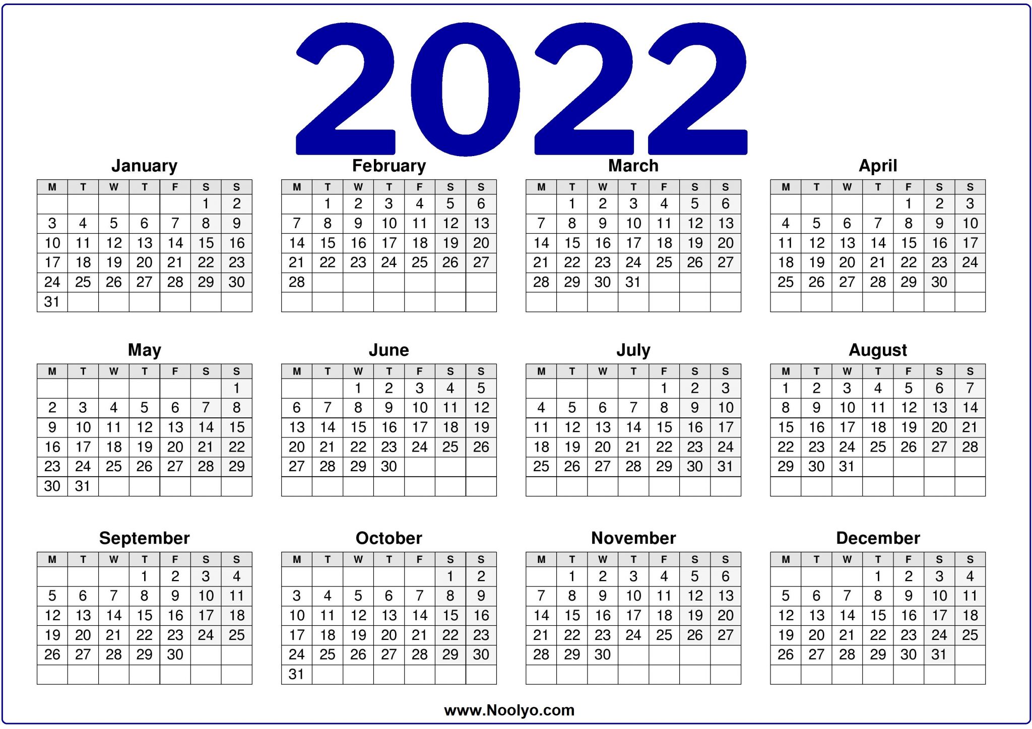 Free 2022 Calendars Horizontal Printable A4 Size Noolyo Com Calendars