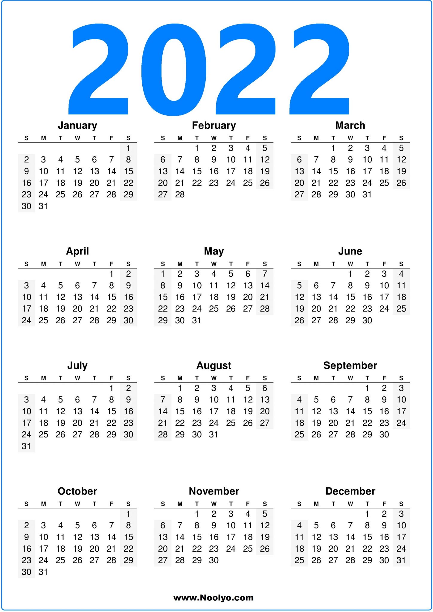 A4 Size 2022 Calendars Printable Free Vertical - Noolyo.com