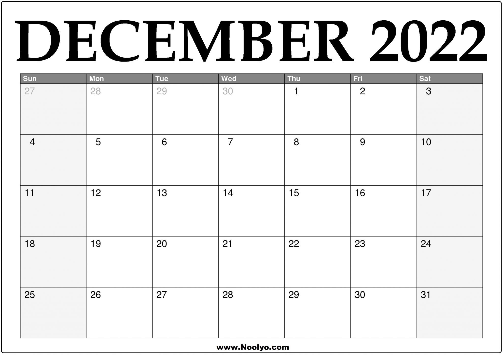 2022 December Calendar Printable Download Free Noolyo