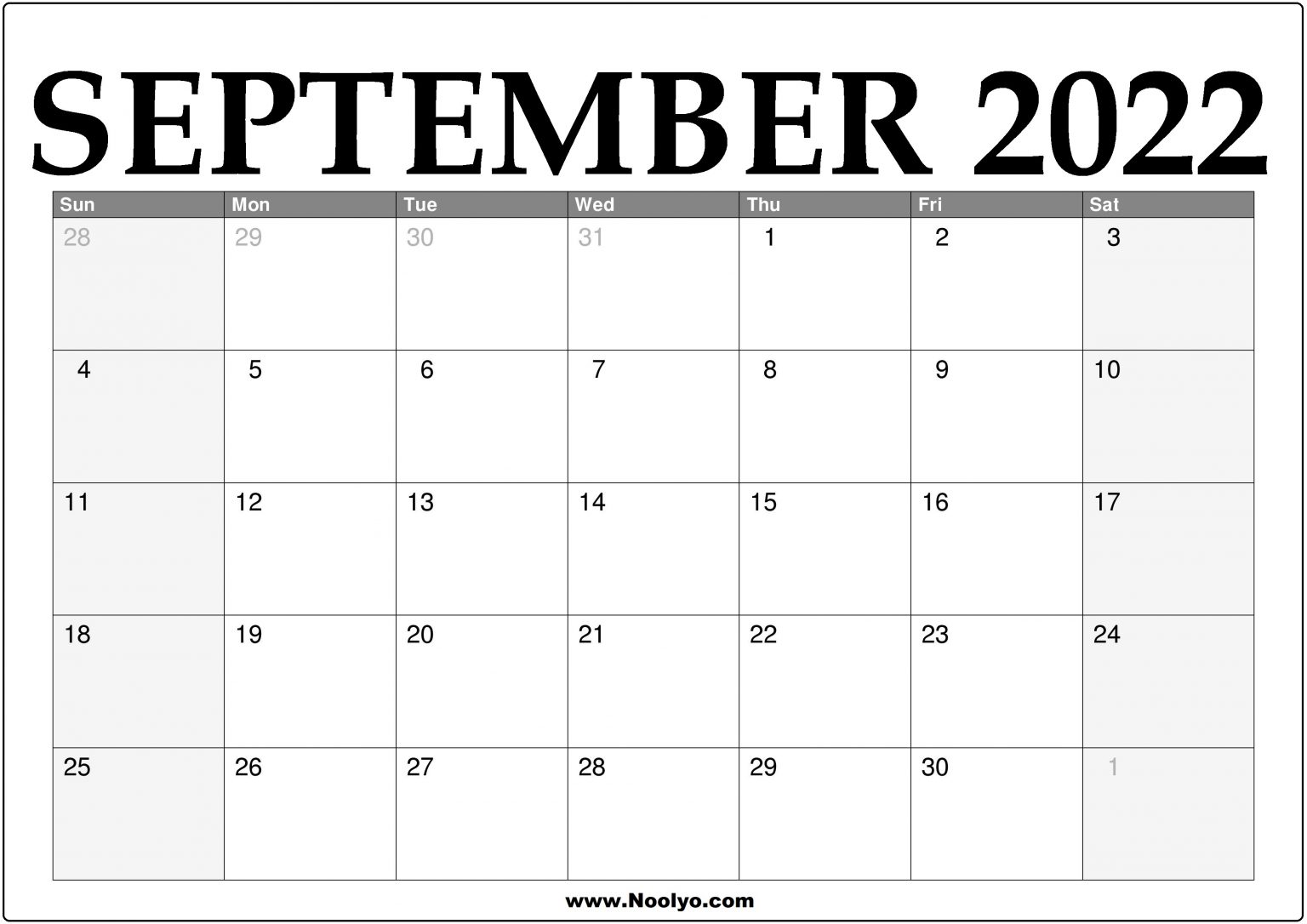 September 2022 Calendar Printable