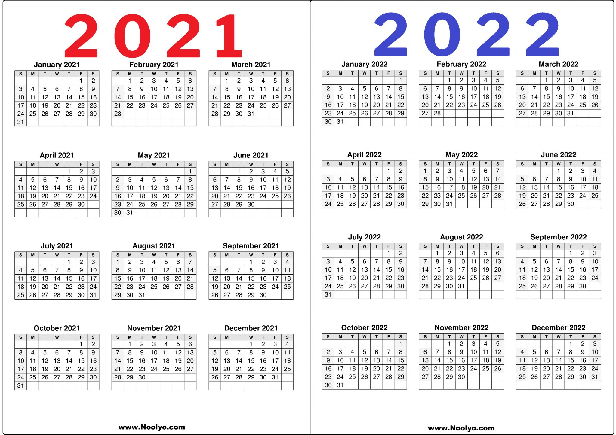 2 Year Calendar 2021 And 2022 Printable Free Calendars