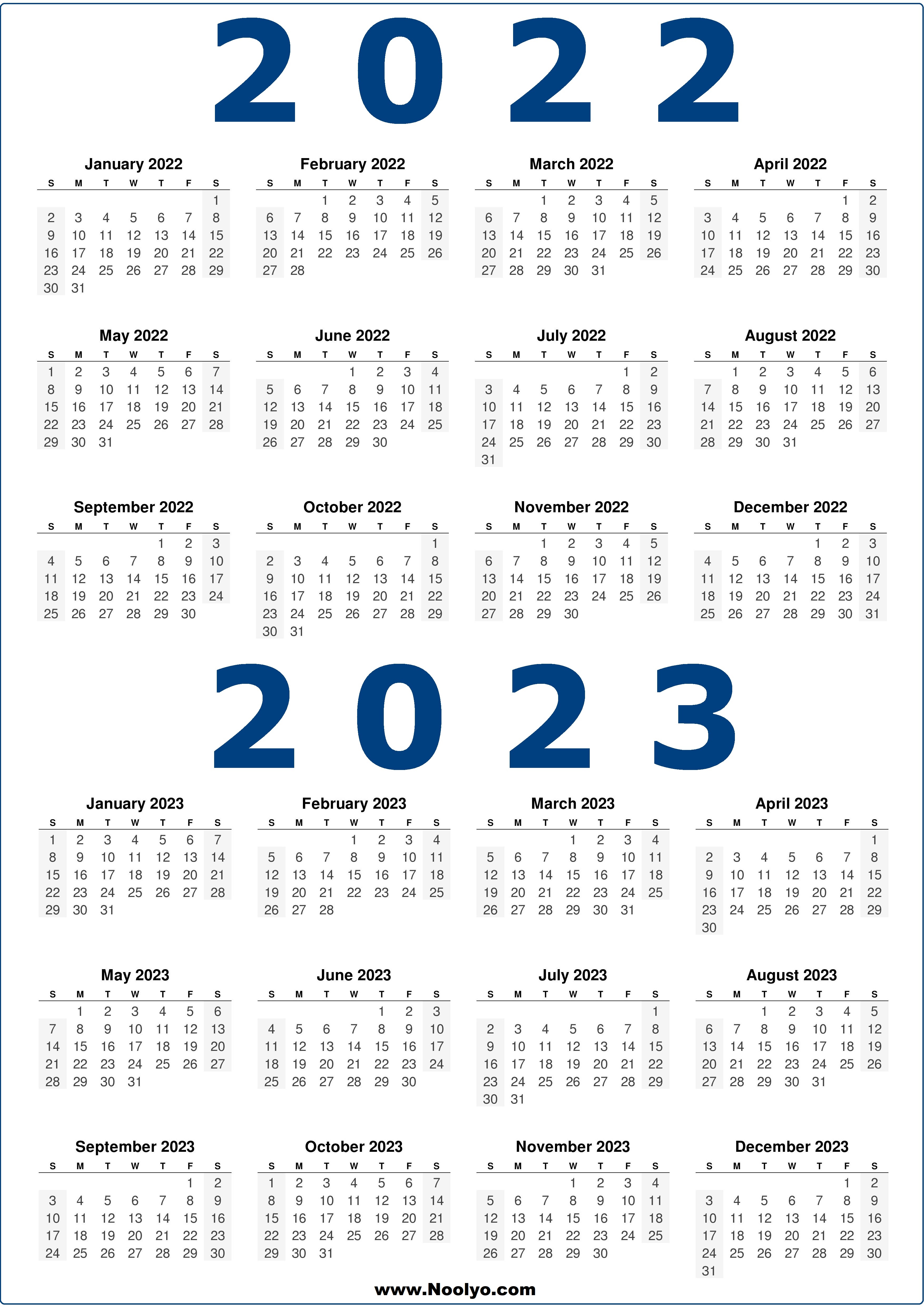 2 Year 2022 And 2023 Calendar Printable Noolyo