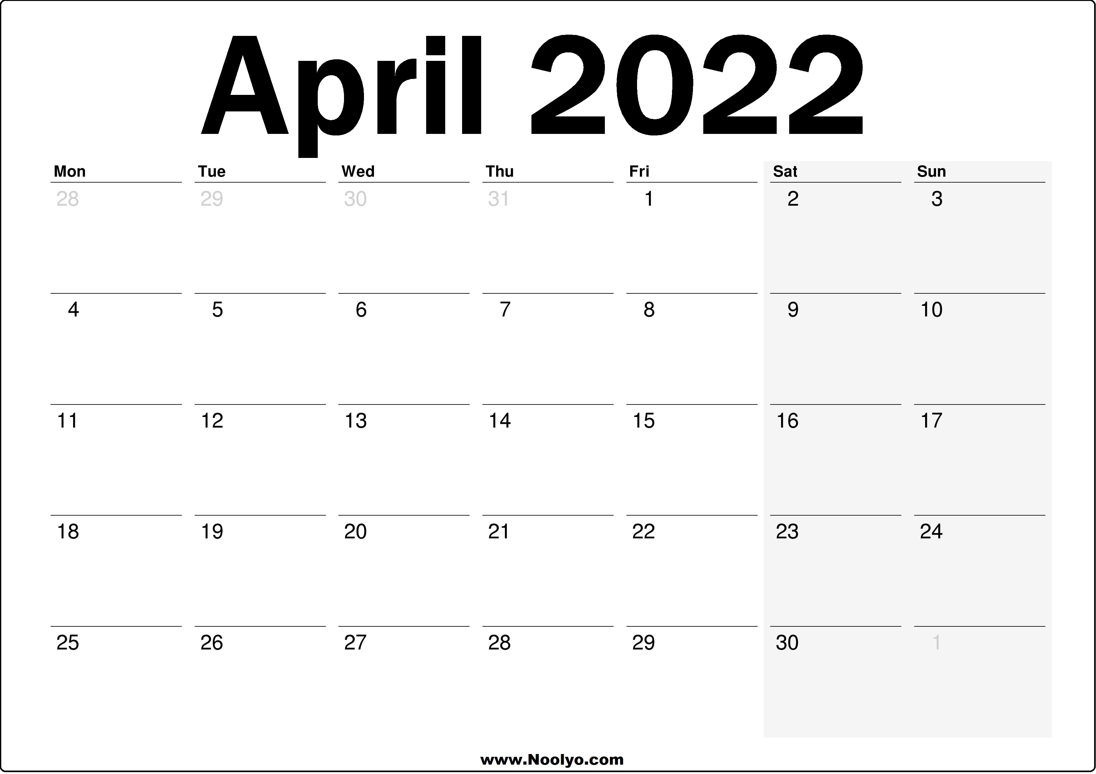 Blank Printable Calendar 2022 Pdf 2022 Uk April Calendar Printable