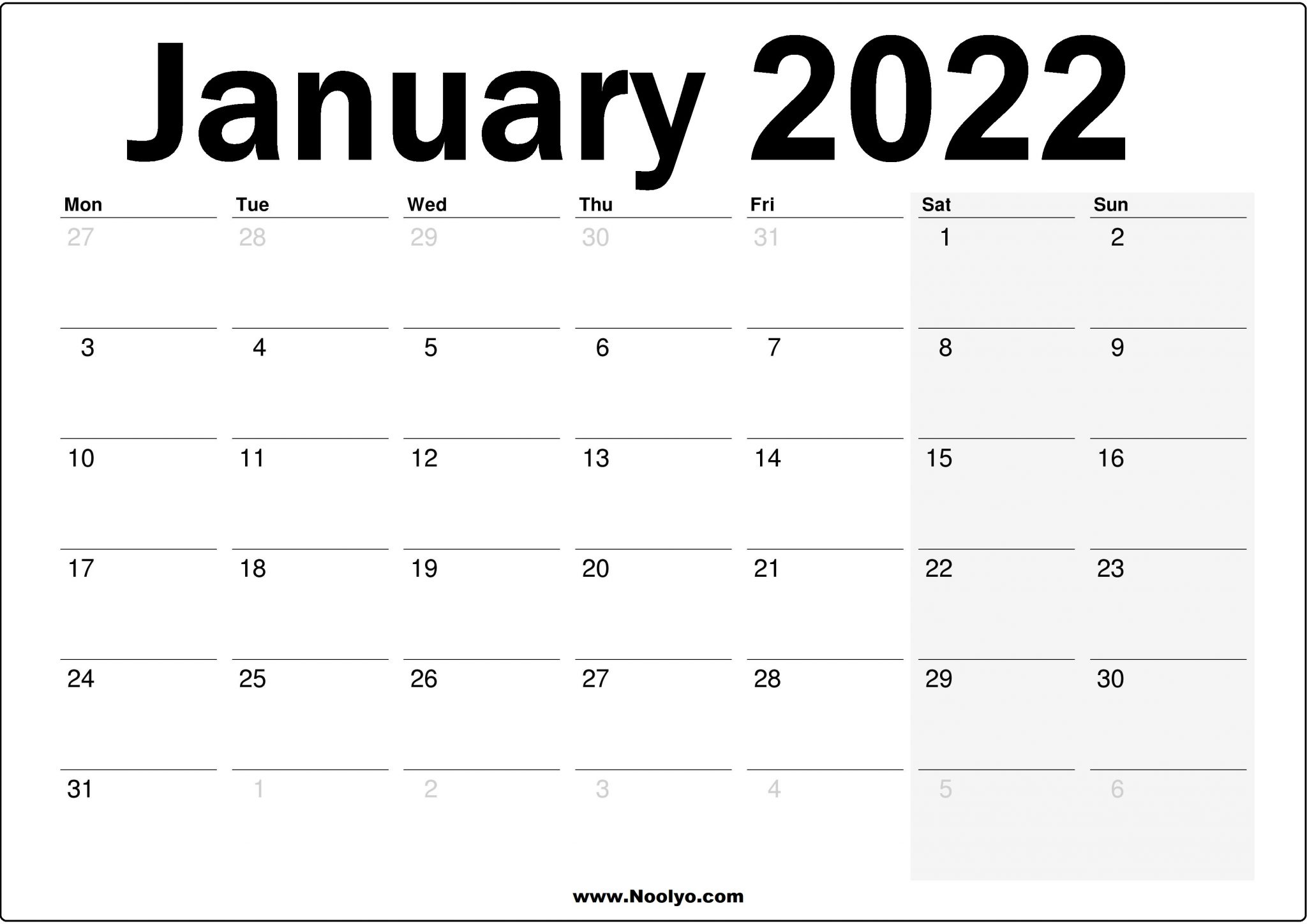 January 2022 UK Printable Calendar Noolyo