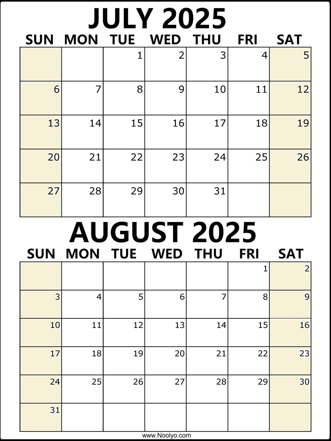 July and August 2025 Calendar Printable – 2 Months – Noolyo.com