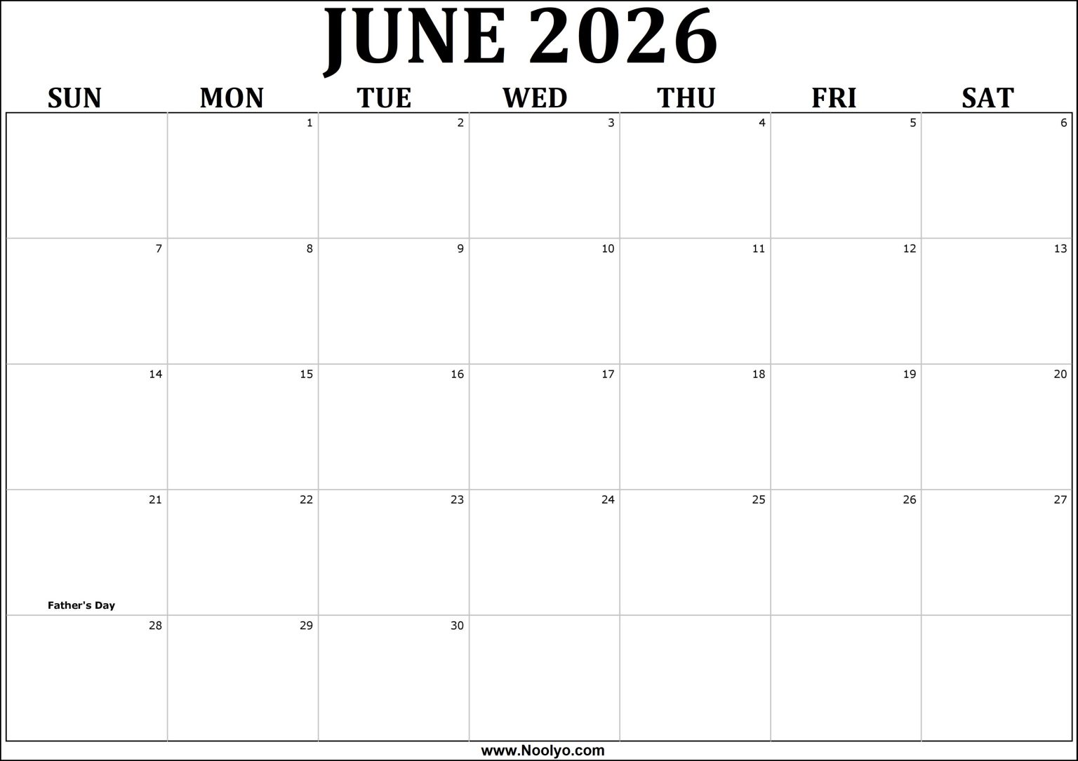 2026 June Calendar Printable 2026 June