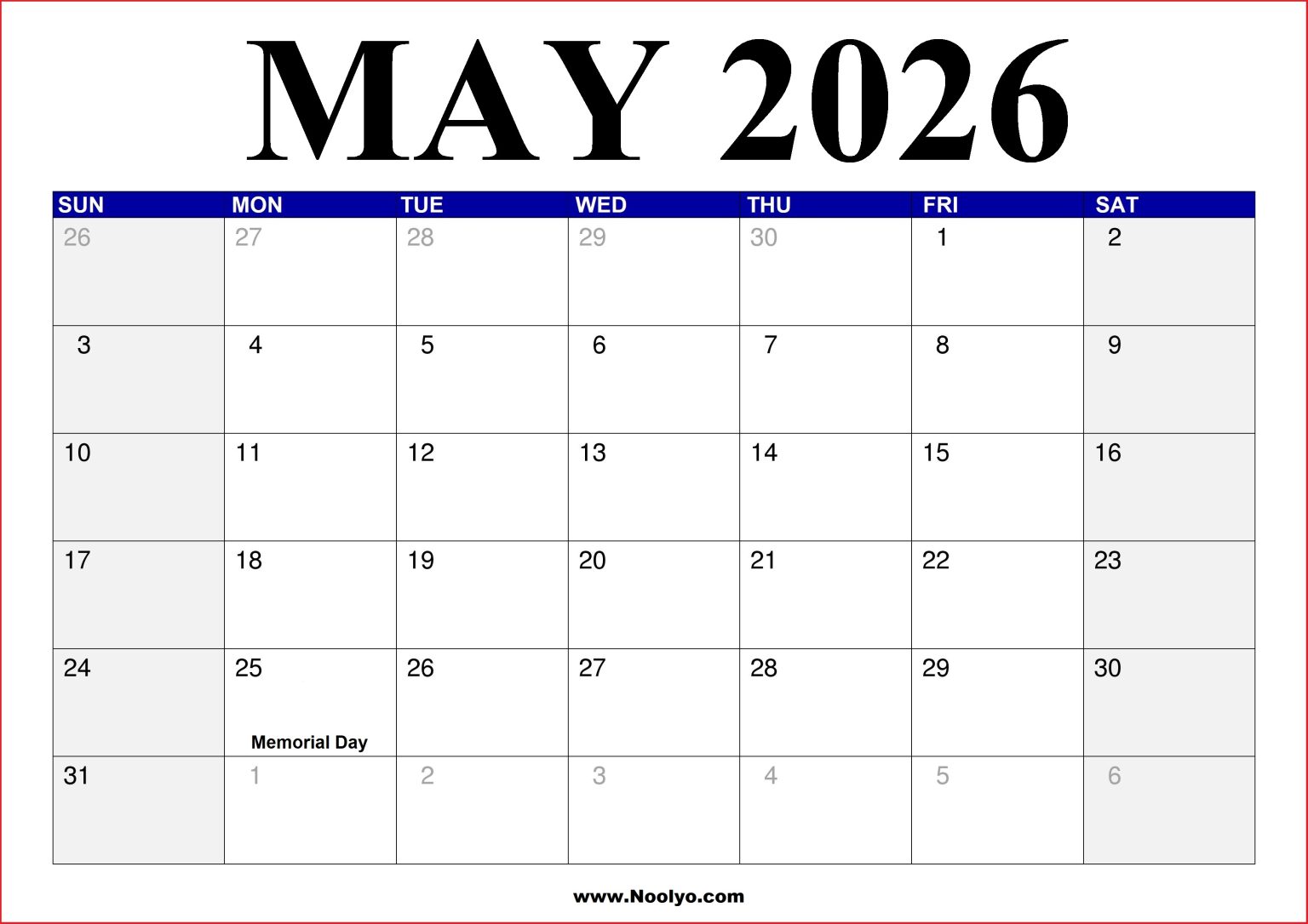 May 2026 Calendar United States - Noolyo.com