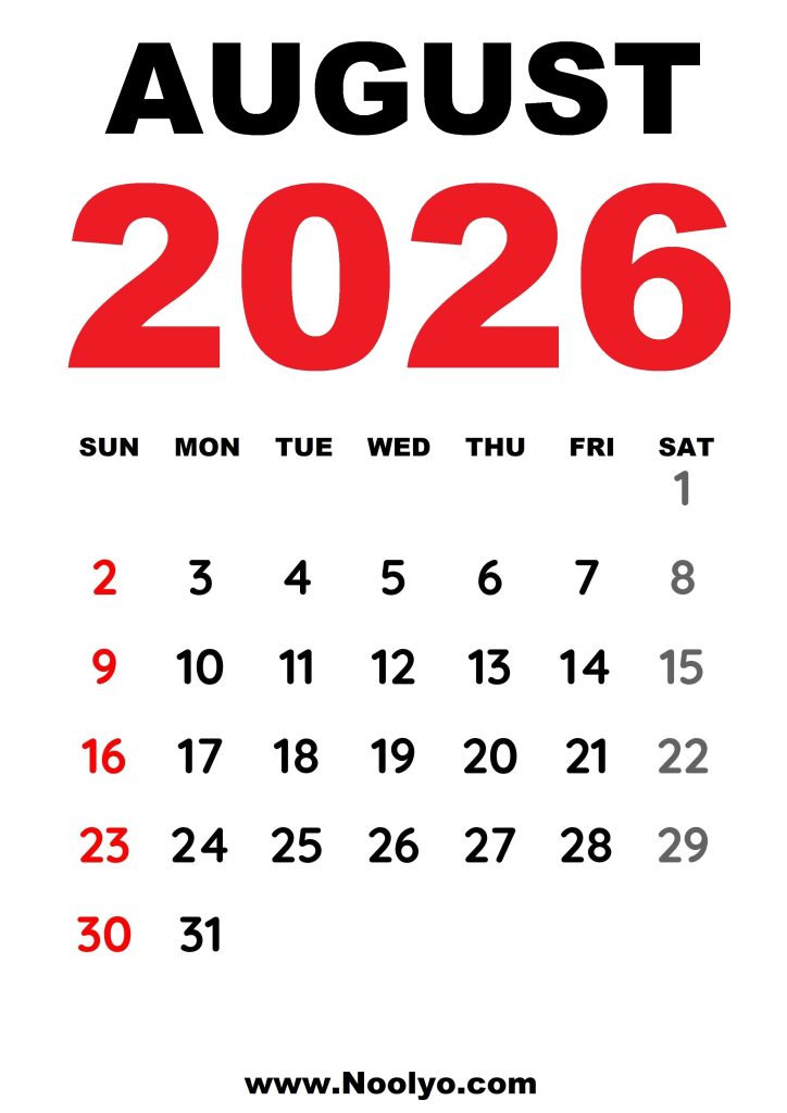 august 2026 USA Calendar a4 size vertical one page