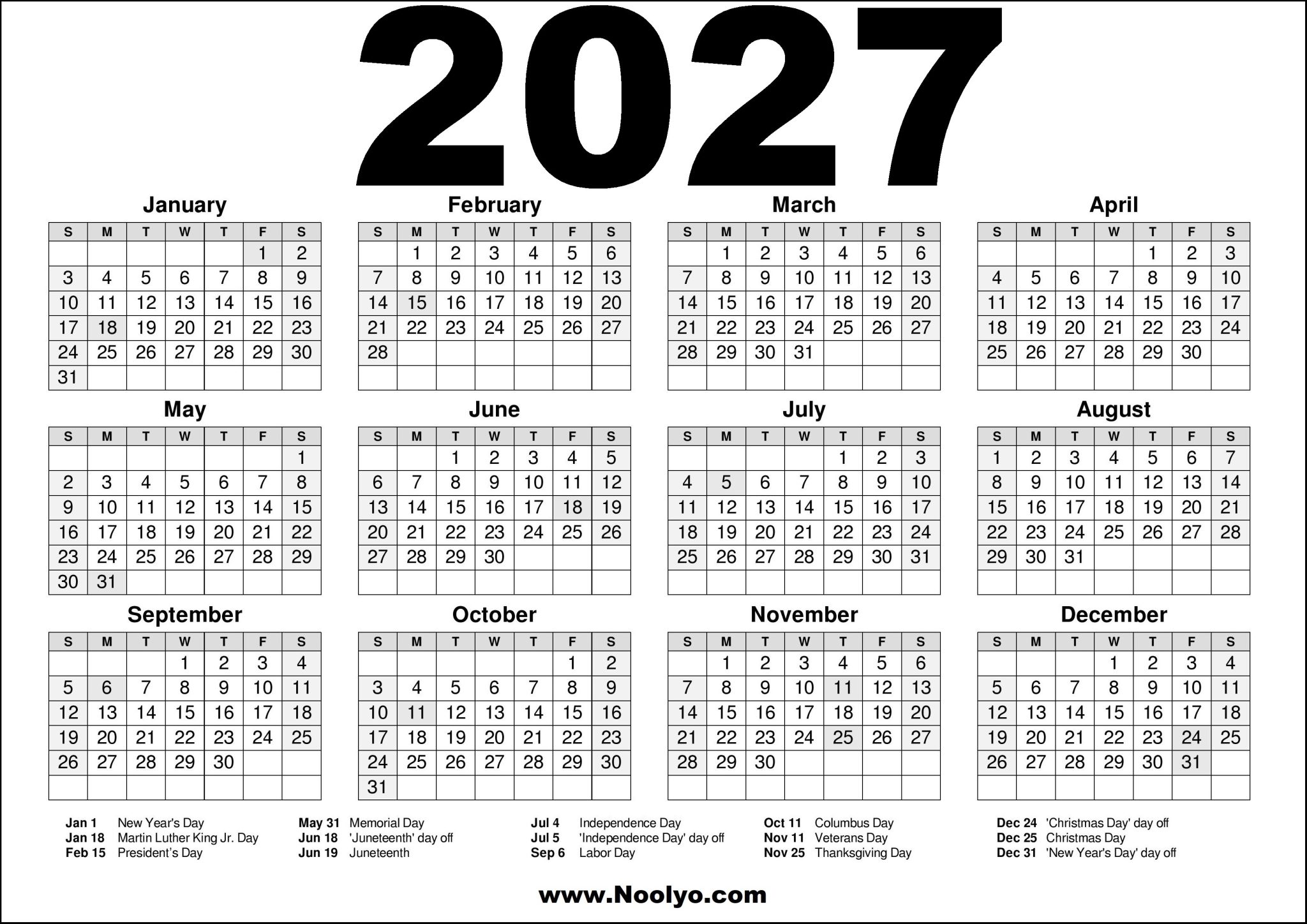 2027 USA Calendar Printable – Yearly with Holidays – Noolyo.com